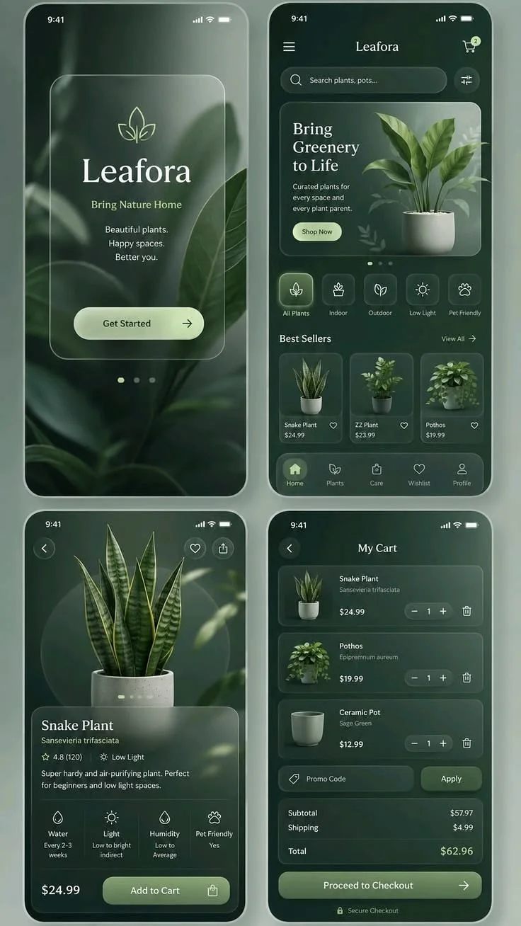 Four screens of a plant shop mobile app in deep green