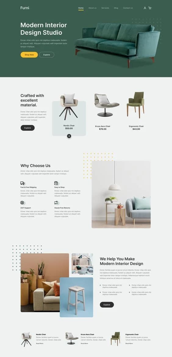 Full-page website design for an interior design studio