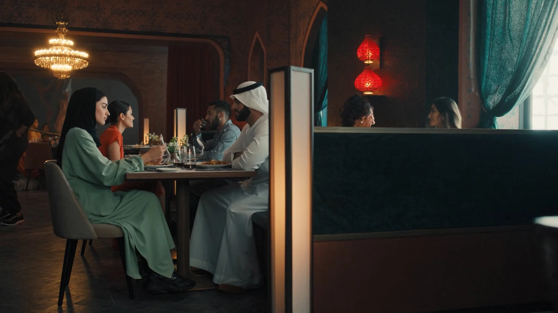 Cinematic still of diners in a Saudi restaurant
